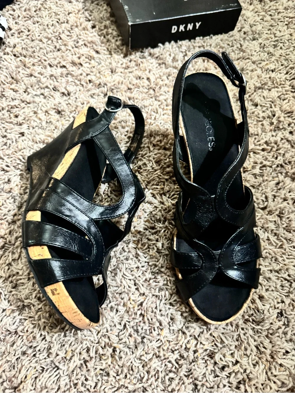 TWO AEROSOLES Women's Black Tan Wedge Strappy Sandals *Comfort Memory Foam*